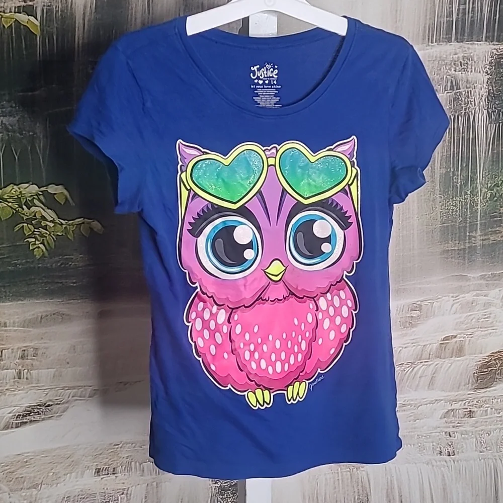 Justice Girls 14 sparkly glitter Owl short sleeve bright blue Tshirt